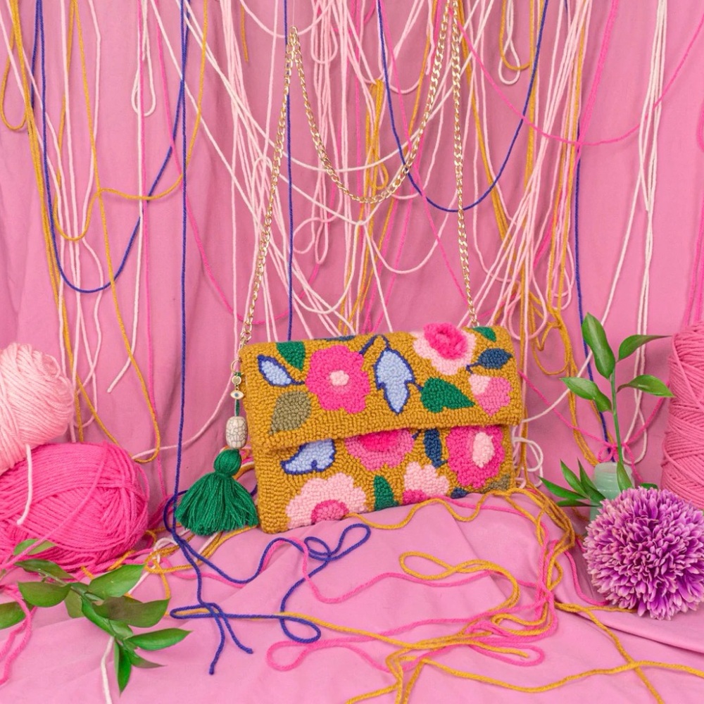 Floral Tufted Crossbody Clutch - Pink & Mustard